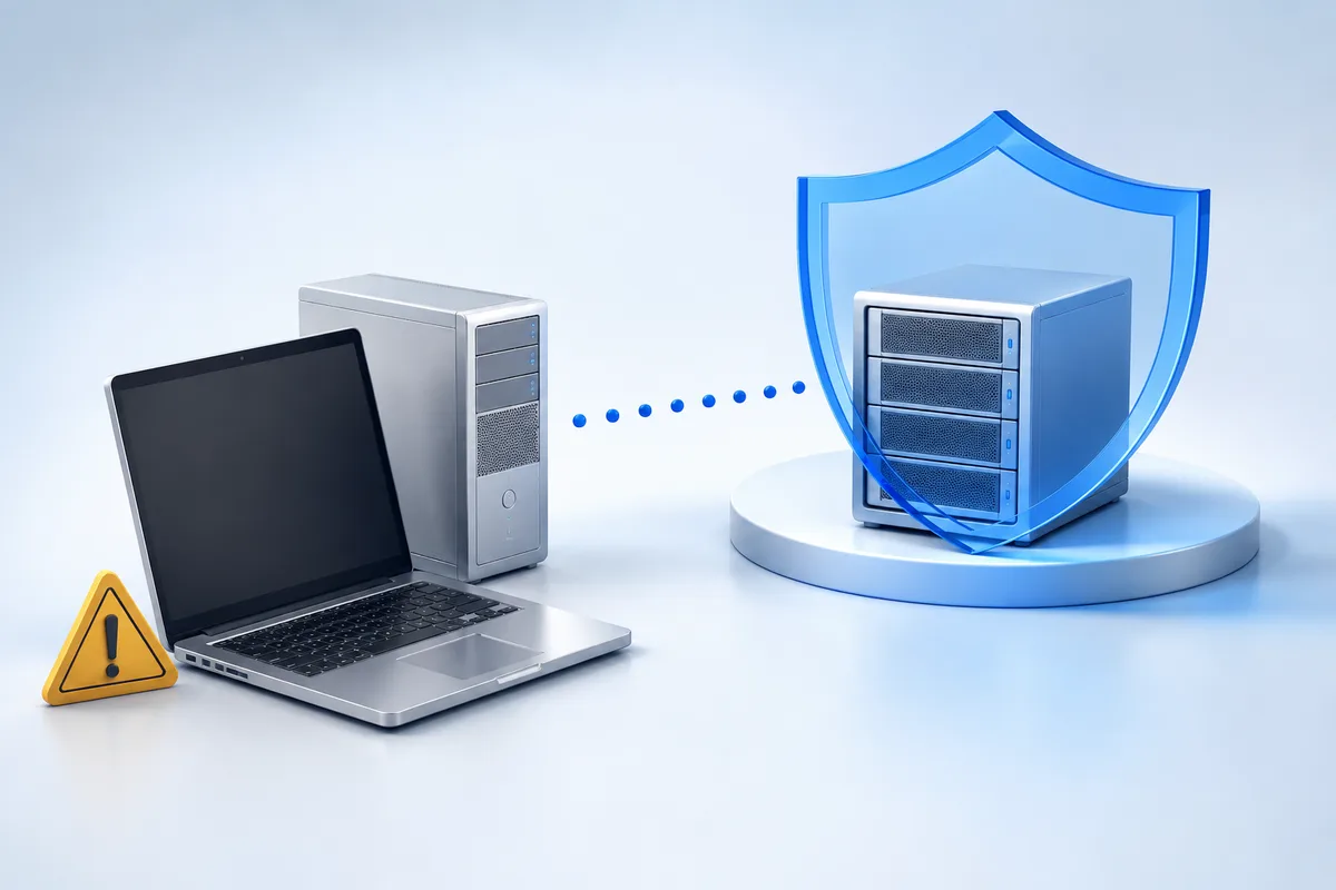 Un servidor de empresa y un portátil conectados a un almacenamiento de backup protegido y separado.