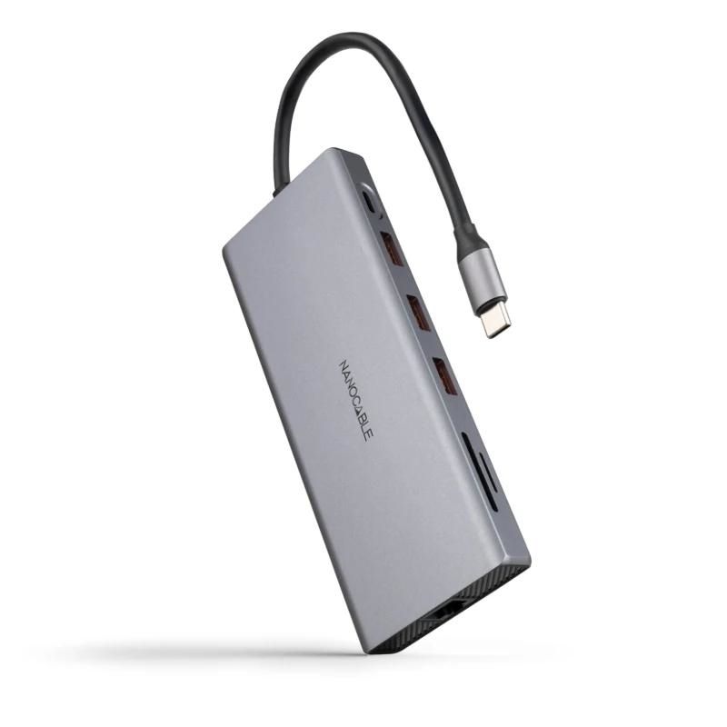 Hub 12 en 1 Nanocable USB-A/C + HDMI + DP + RJ45 + TF + SD + AU