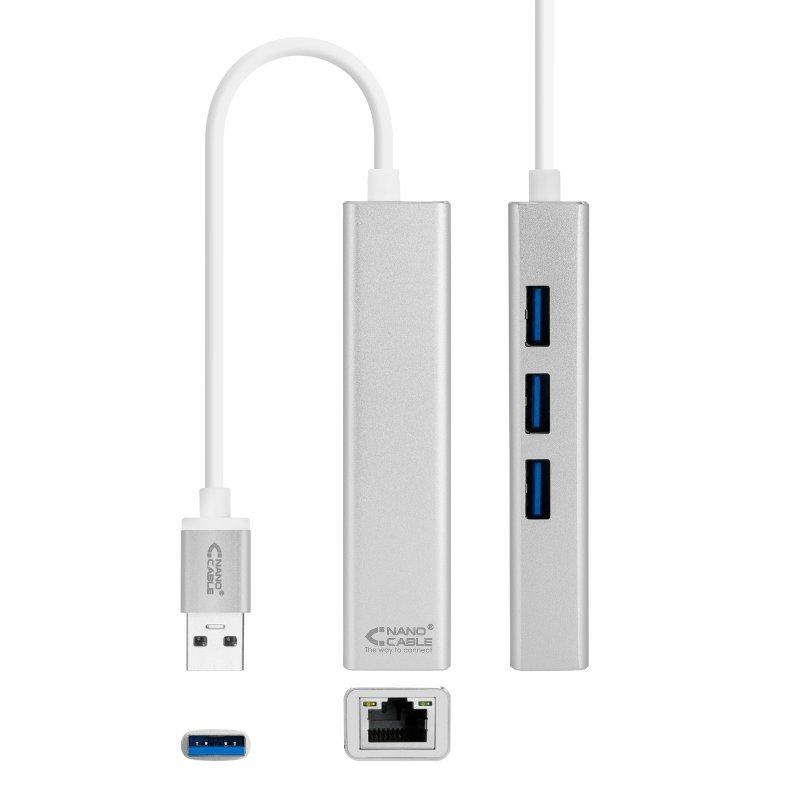 Cable, connector o eina de xarxa NANOCABLE Conversor USB 3.0 Ethernet + 3xUSB 3.0