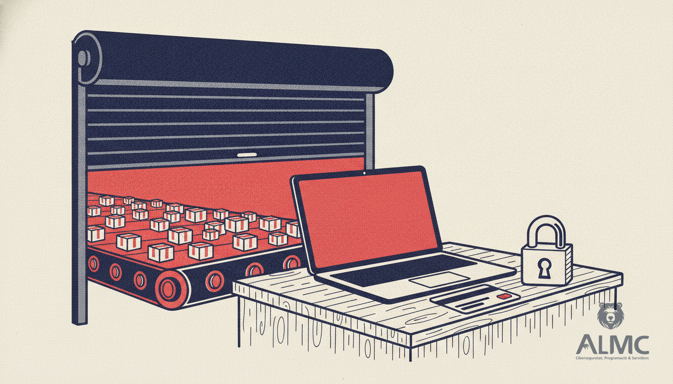 Small shop shutter opening onto a conveyor of parcels feeding a laptop, representing a successful online shop