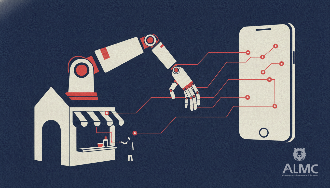 Illustration of a small business using a chatbot to connect with customers via web and mobile