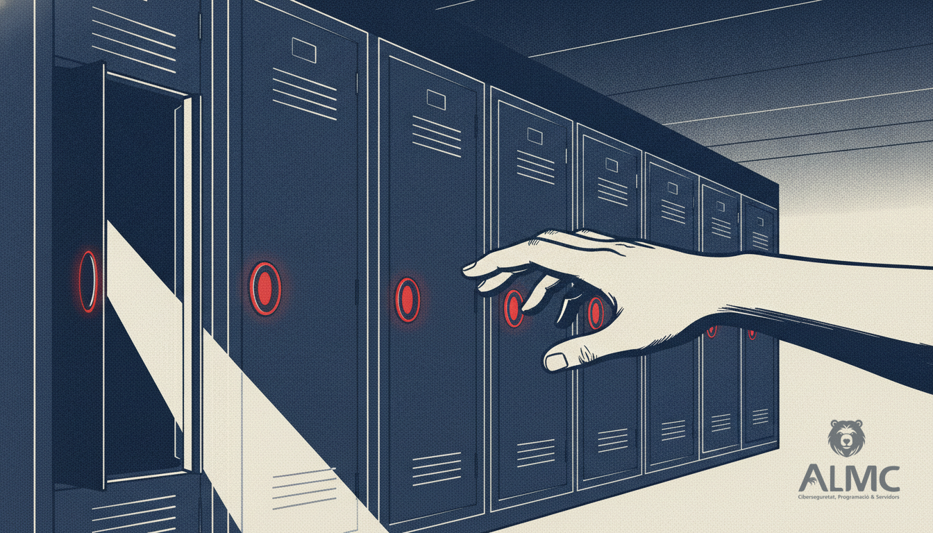 Lockers in a server room with one door ajar, representing an unauthenticated file access flaw in Atlassian Data Center products