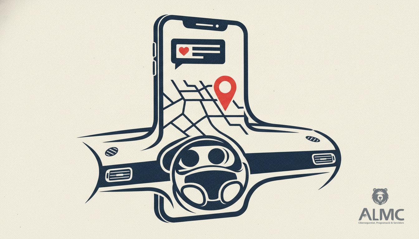 Un móvil que se transforma en salpicadero de coche con un mensaje de WhatsApp y un pin de mapa.