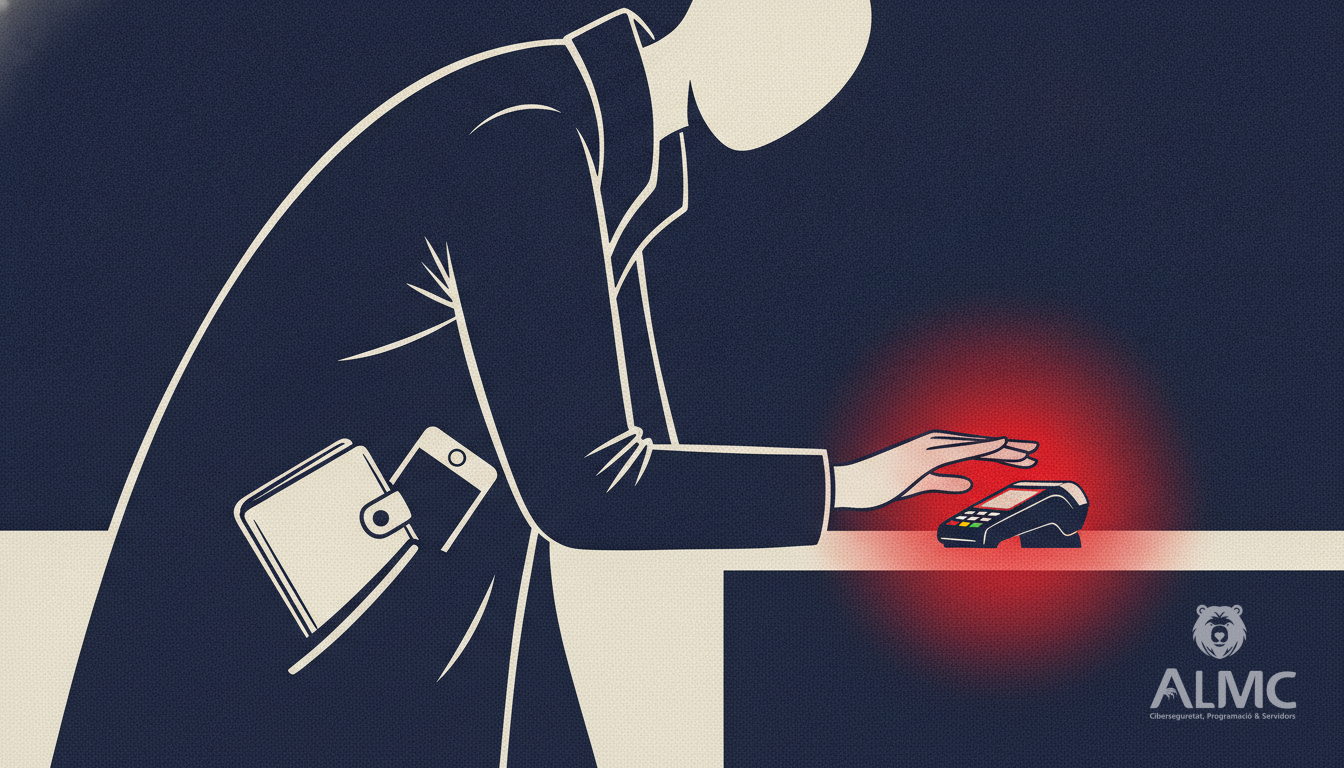 Cliente pagando en un terminal de cobro mirándolo, con la cartera y el móvil guardados sin usar