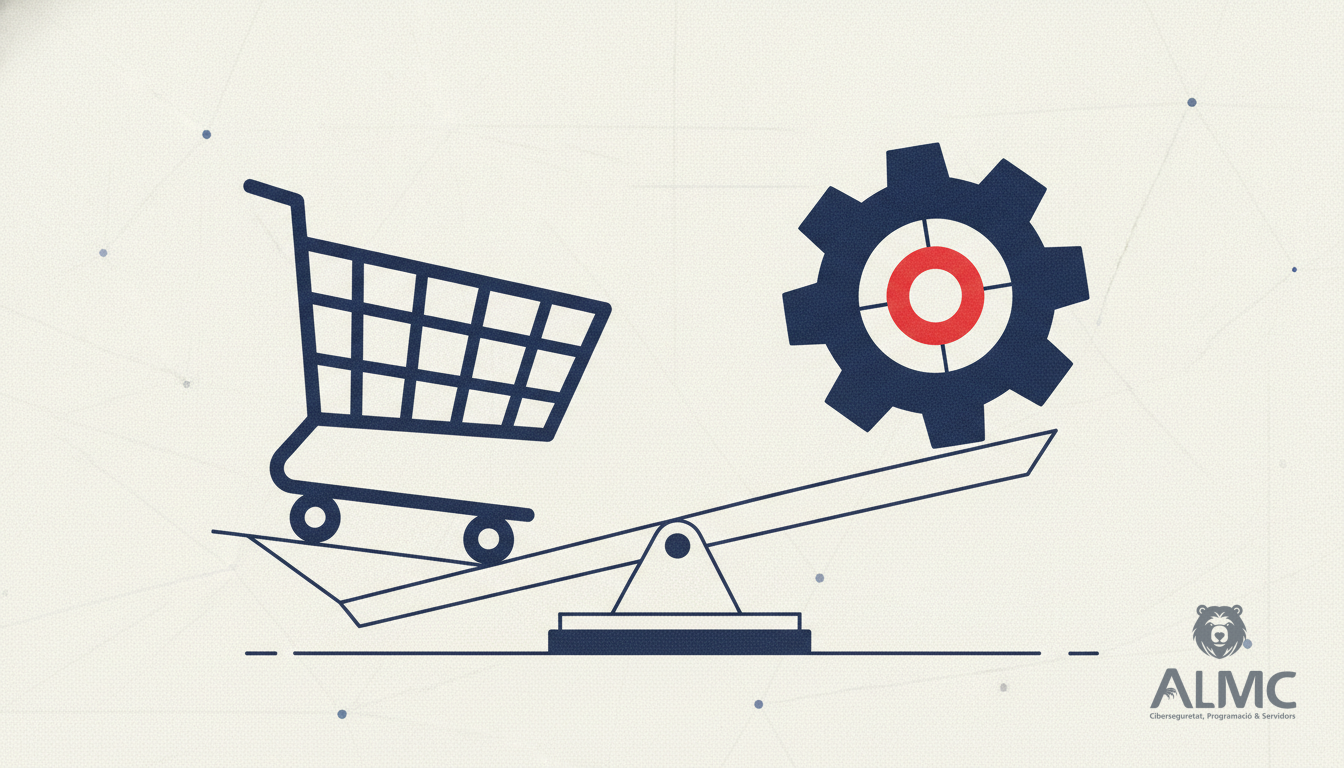Balance scale comparing WooCommerce and PrestaShop with shopping cart and gear