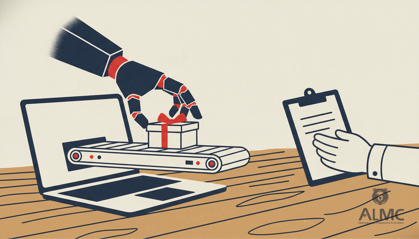 Robotic hand placing a parcel on a conveyor beside a laptop, illustrating AI agents buying from an online shop