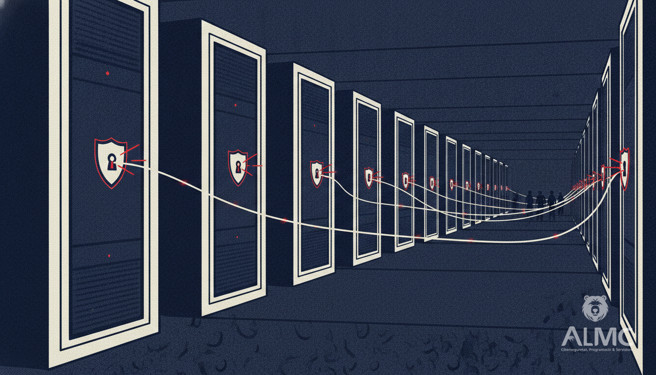 Escudos de bloqueo cerrándose sobre varios servidores conectados por un hilo luminoso que expulsa a intrusos
