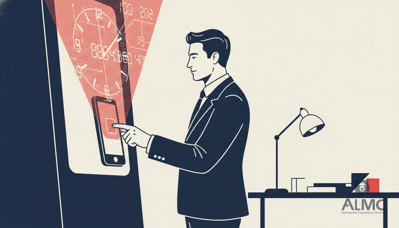 Employee using smartphone for digital time tracking at office