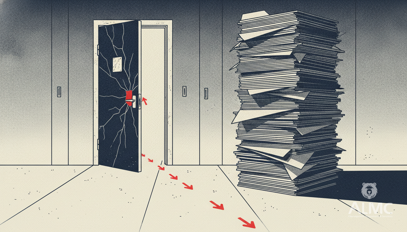 Puerta entreabierta en un pasillo de servidores que deja pasar flechas hacia documentos, metáfora del path traversal en ONLYOFFICE Docs