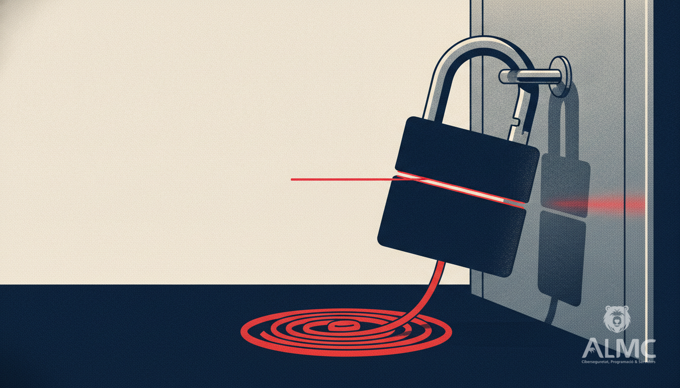 Candado abierto sobre la puerta de un rack de servidores, símbolo de una vulnerabilidad de seguridad explotada