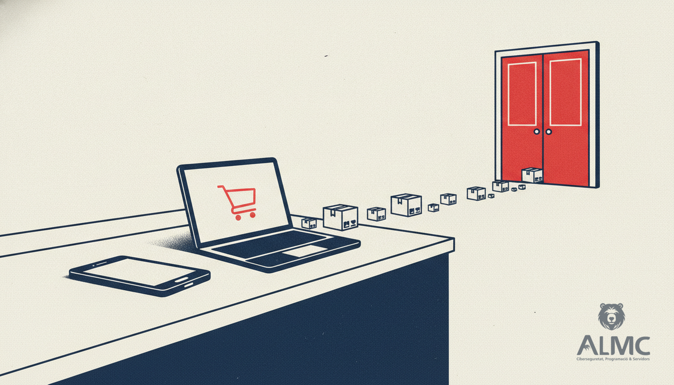 Móvil y portátil mostrando un carrito de compra online junto a paquetes que conectan con una tienda física