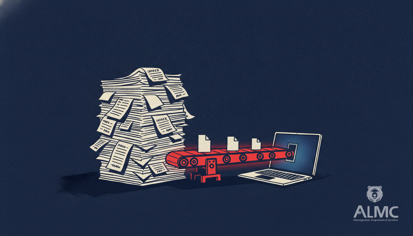 A conveyor belt moving paper invoices into a laptop, representing automated invoice processing for SMEs