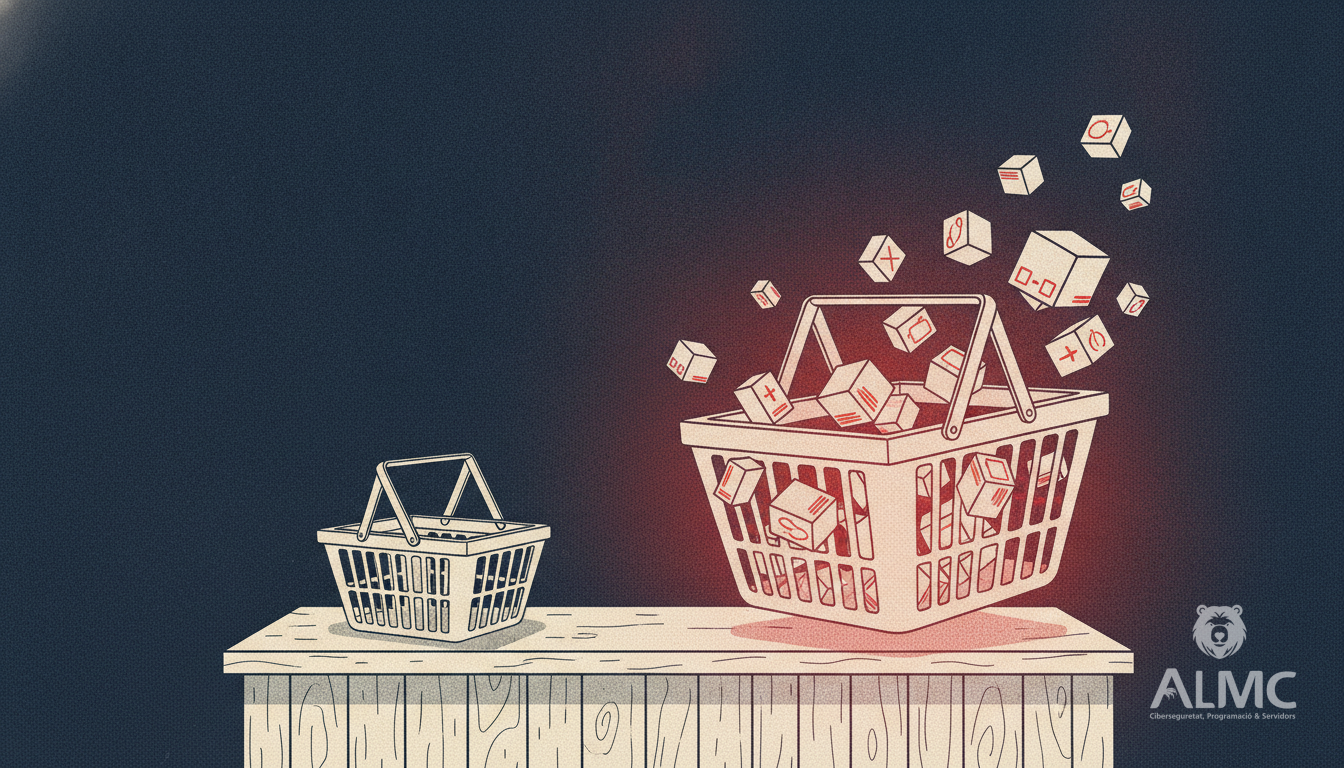 A self-assembling shopping basket of product boxes beside an ignored empty basket, illustrating AI-assisted online shopping