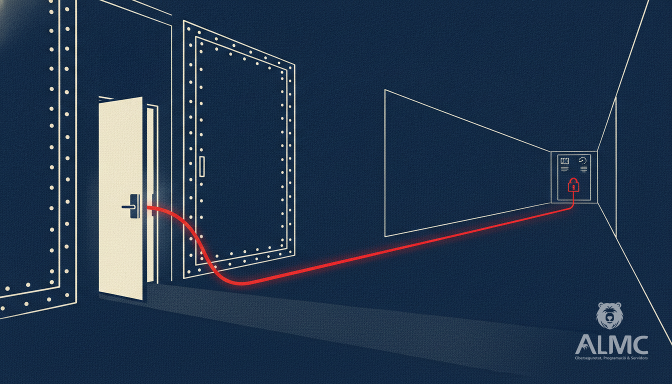Illustration of a side door in a server corridor letting a cable bypass a sealed gate towards a control panel