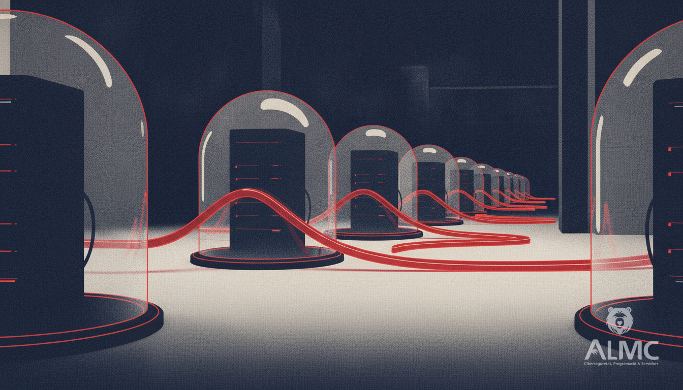 Server racks protected by glass domes connected by a glowing cable, representing centralised server security
