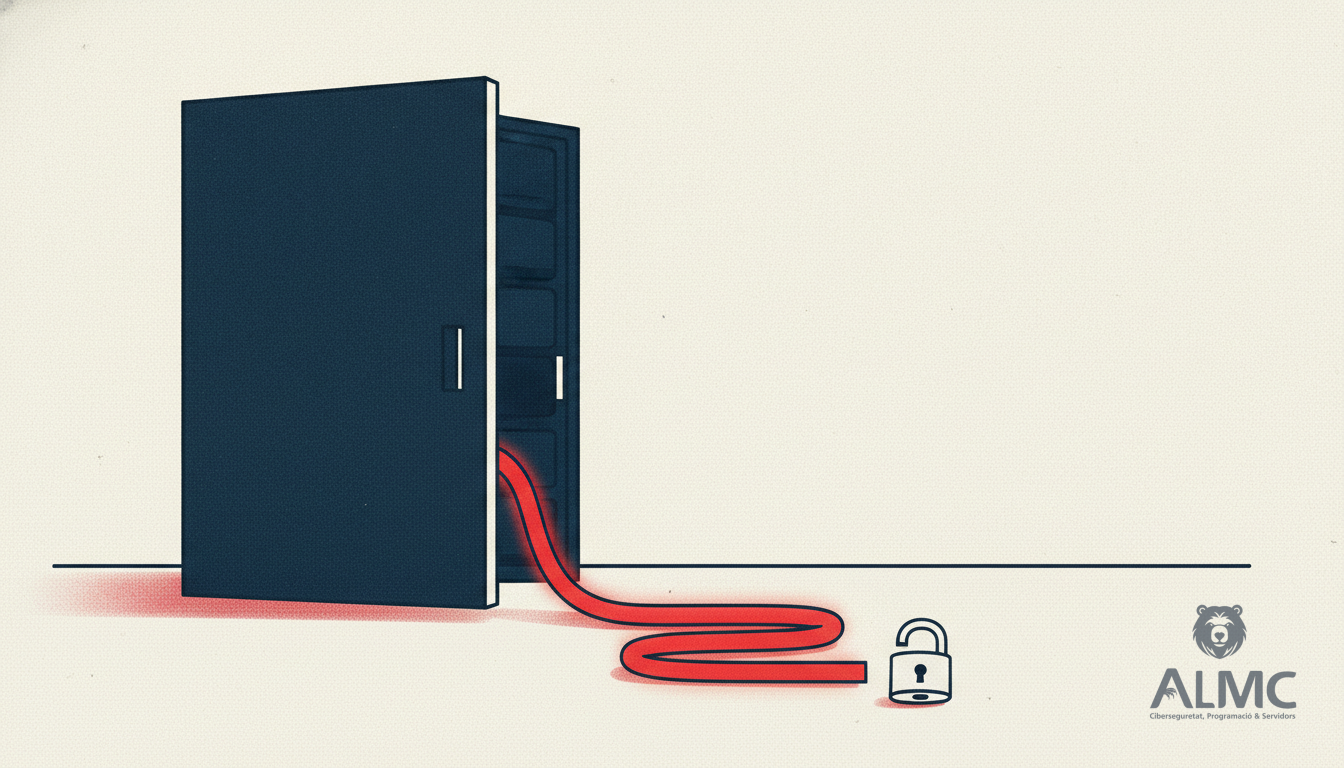 Rack de servidores con la puerta entreabierta y un candado abierto, metáfora de una vulnerabilidad crítica sin cerrar