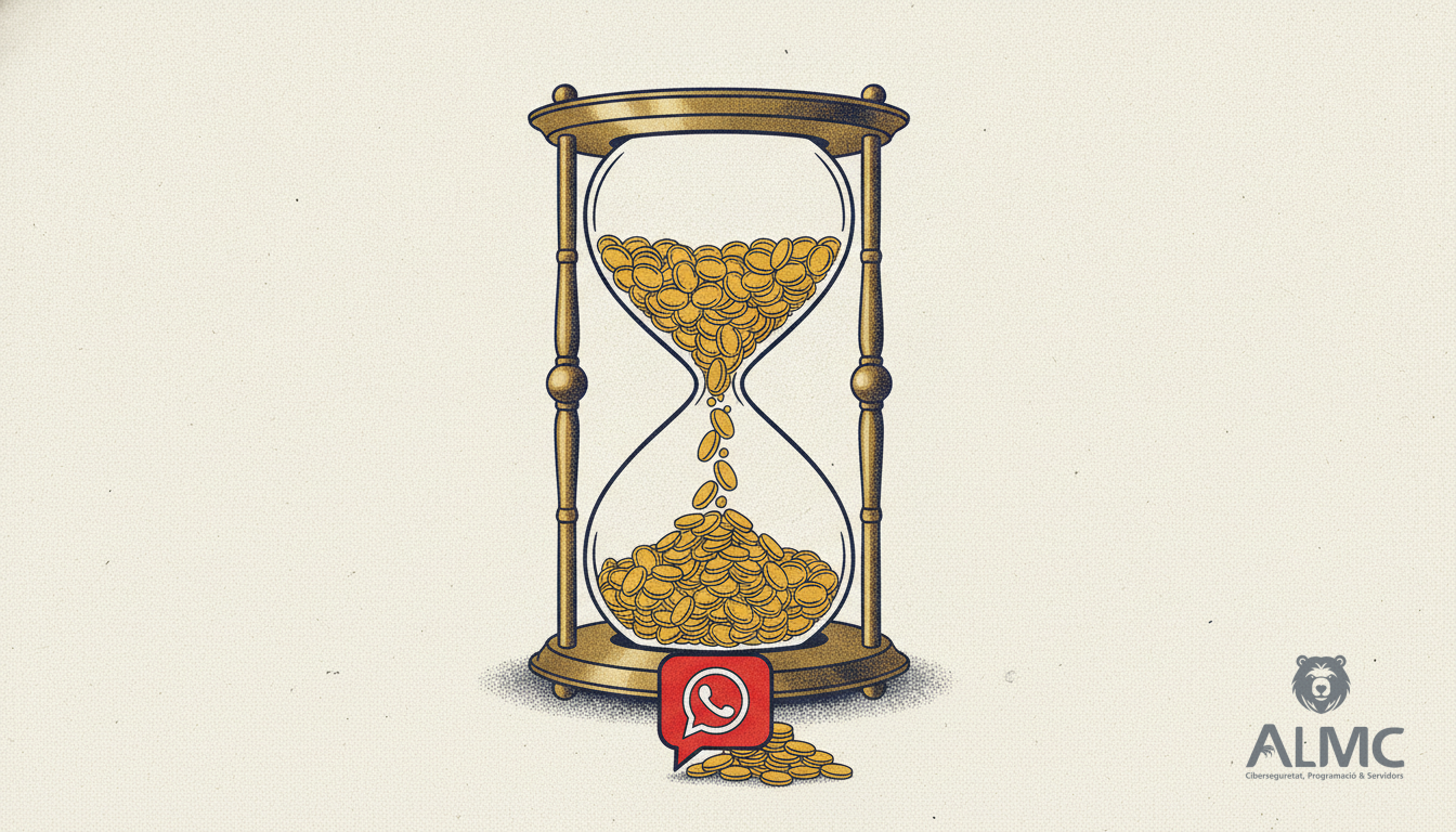 Reloj de arena con monedas cayendo en una burbuja de chat de WhatsApp.