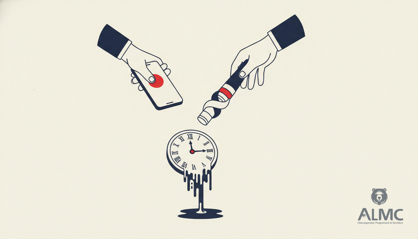 Un mensaje de lead convertido en testigo que se cae entre dos manos, con un reloj derritiéndose debajo.