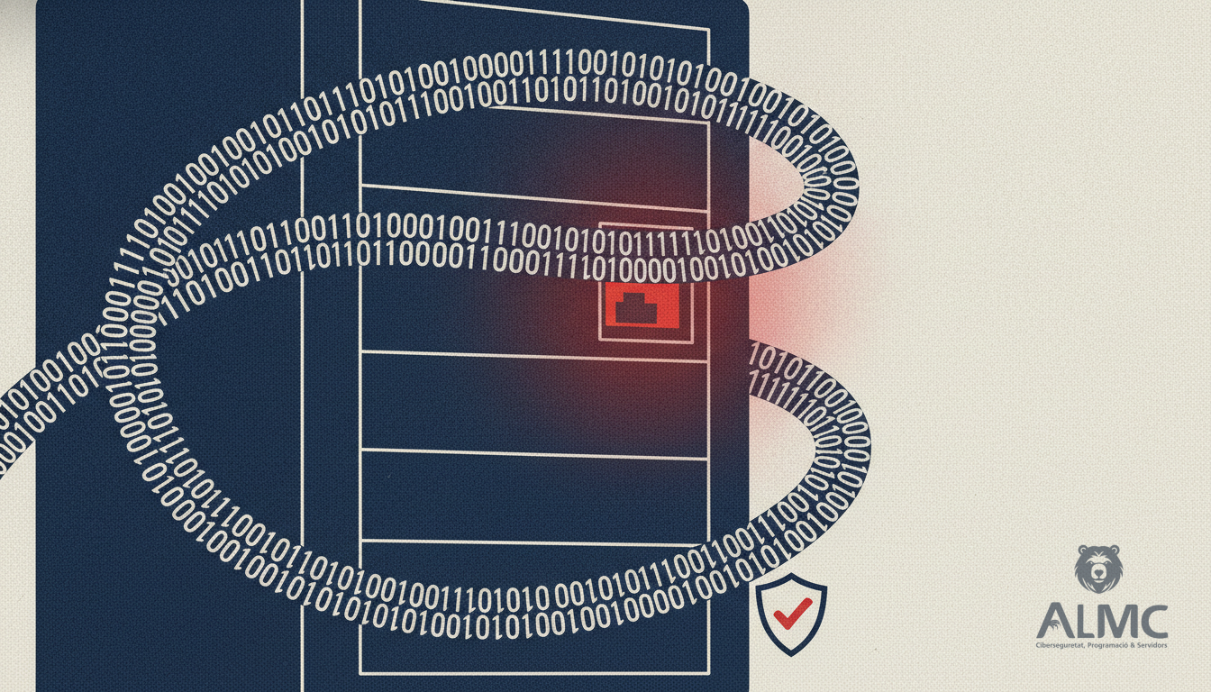 Server rack with a red glowing port and a shield symbolizing protection