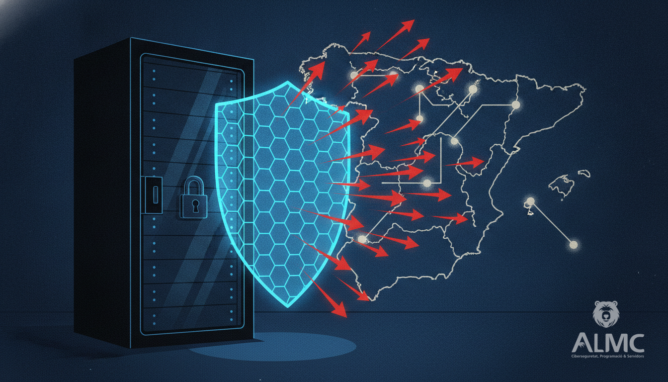 Digital shield protecting a server rack from malicious attacks, with a map of Spain showing interconnected servers.