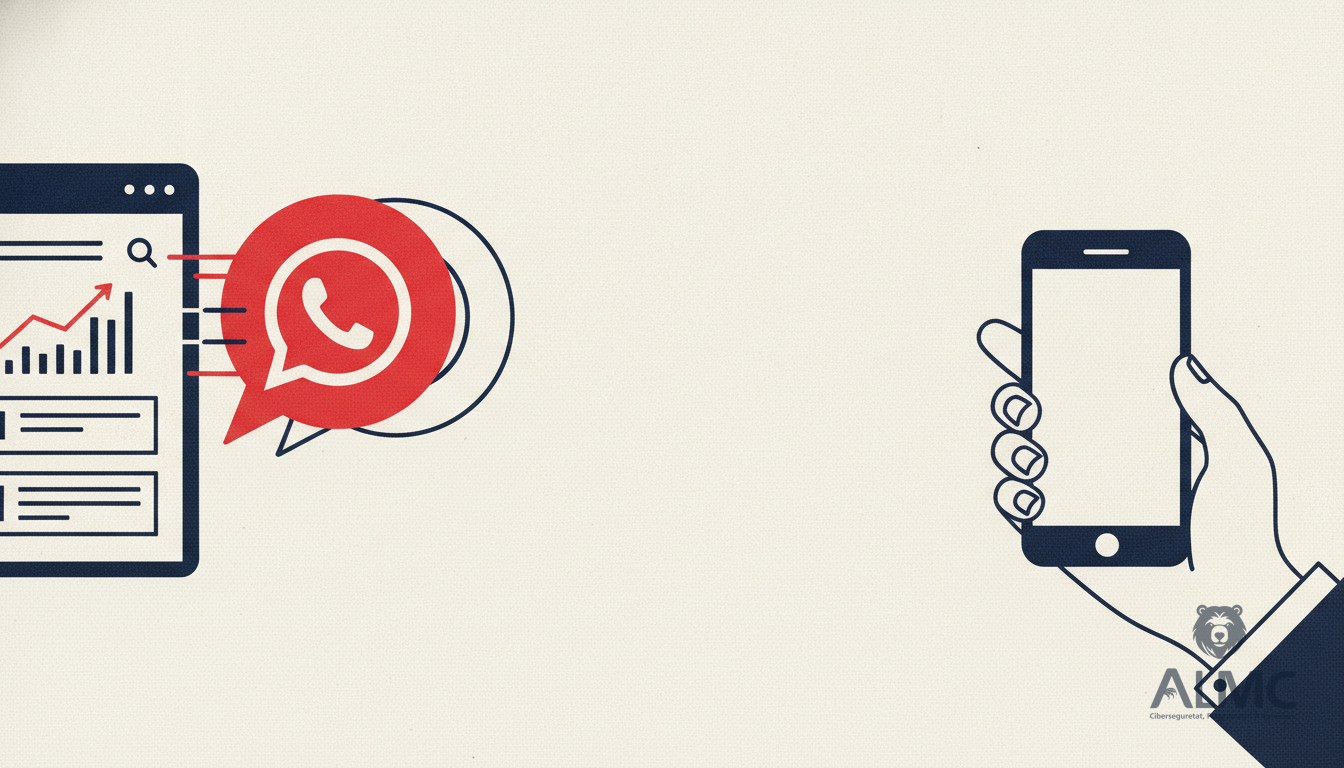 Un panel de CRM del que se desprende una burbuja de WhatsApp que vuela hacia un teléfono.