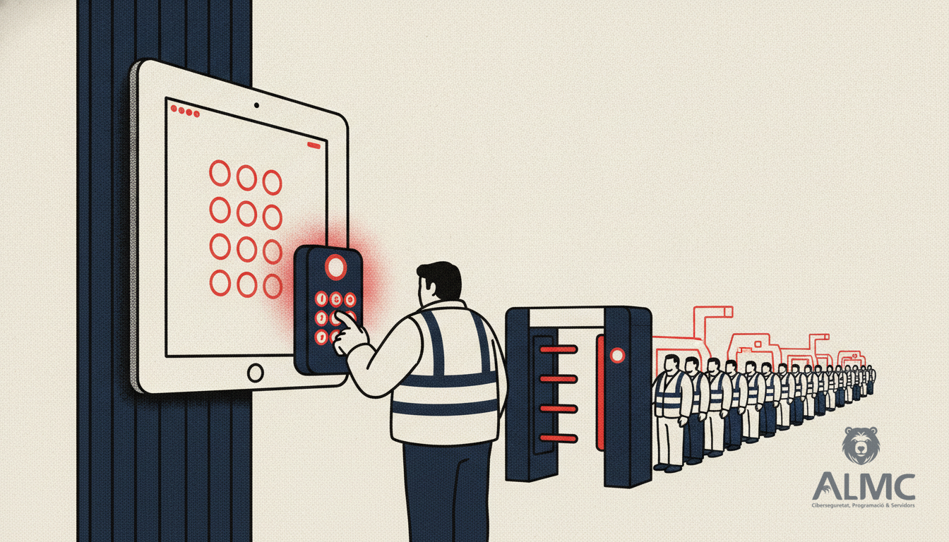 Workers using a shared tablet kiosk at a factory entrance to clock in for their shift