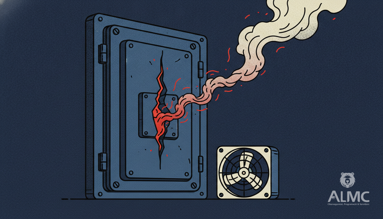Puerta de rack de comunicaciones entreabierta con chispas y humo escapando por la rendija, metáfora de un firewall Cisco vulnerable
