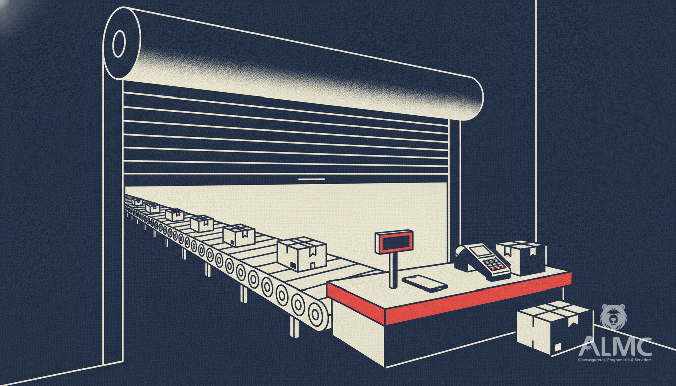 Shop shutter opening onto a conveyor of parcels and a checkout counter, representing a well-built online store