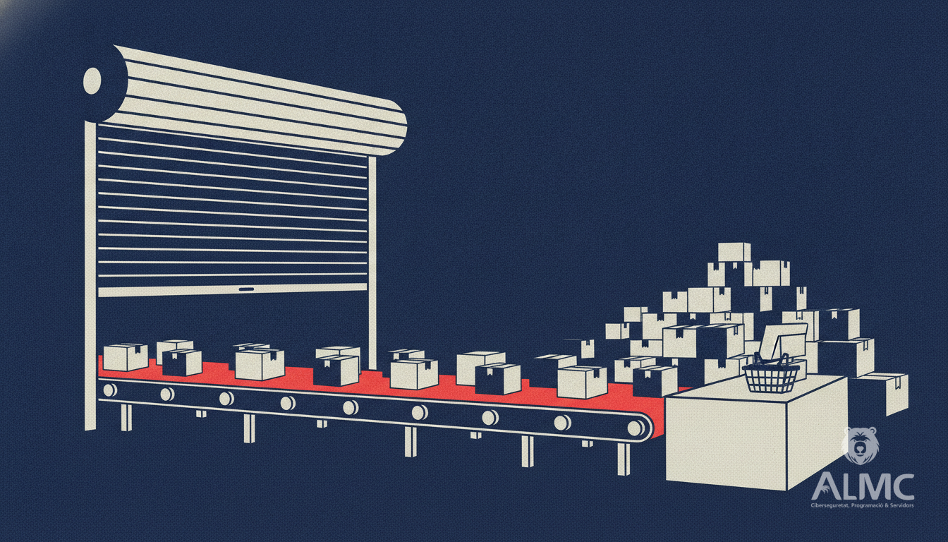 Shop shutter opening onto a conveyor of parcels heading to a checkout, symbolising an online shop built to sell