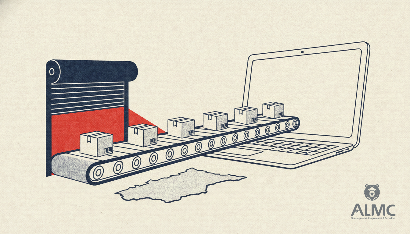 Shop shutter opening onto a conveyor of parcels leading to a laptop, symbolising ecommerce growth in Catalonia