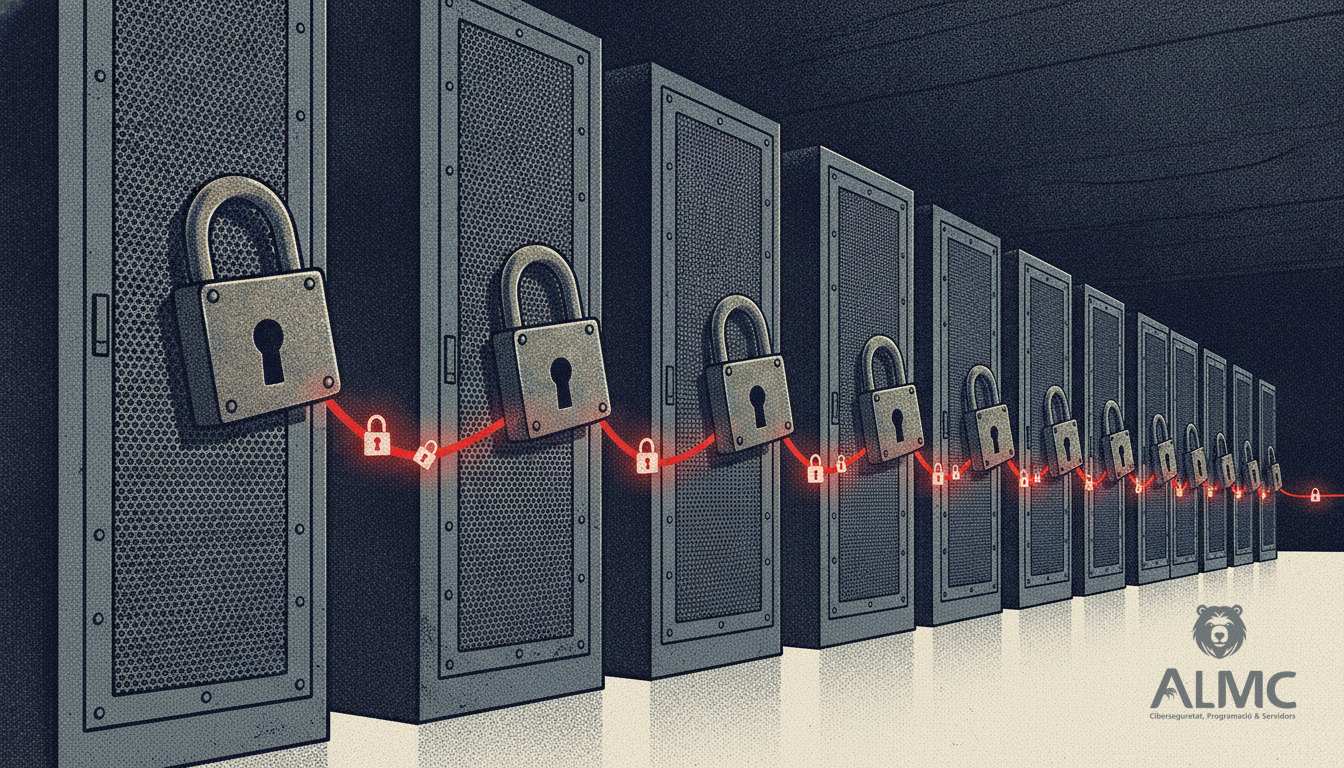 Server racks sealed with padlocks, linked by a cable sharing protection across machines