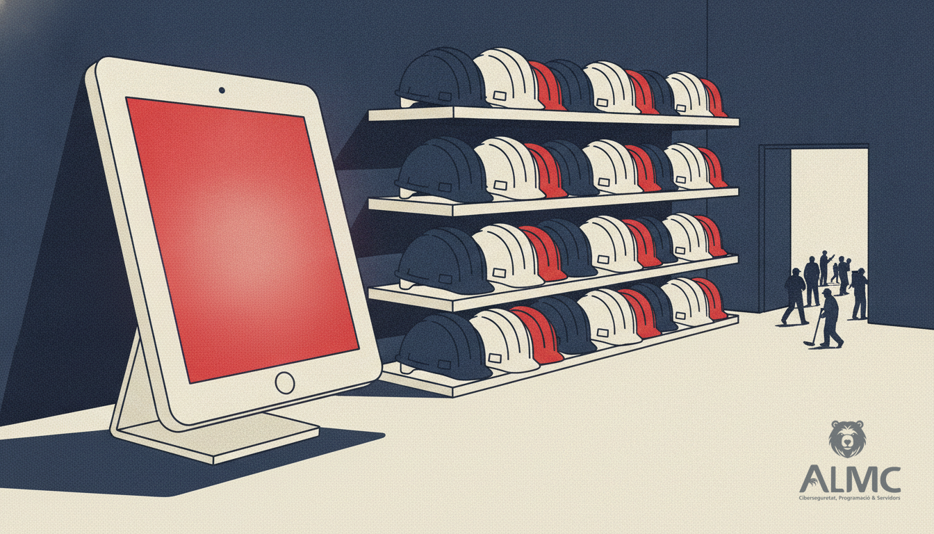 Shared tablet kiosk on a stand by a workshop doorway, with work gloves and helmets lined up on a shelf beside it