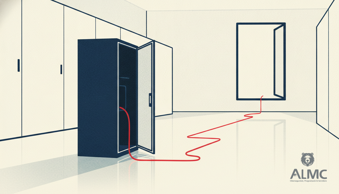 Server appliance cabinet with a cable slipping out through an open panel, illustrating an authentication bypass in remote support software