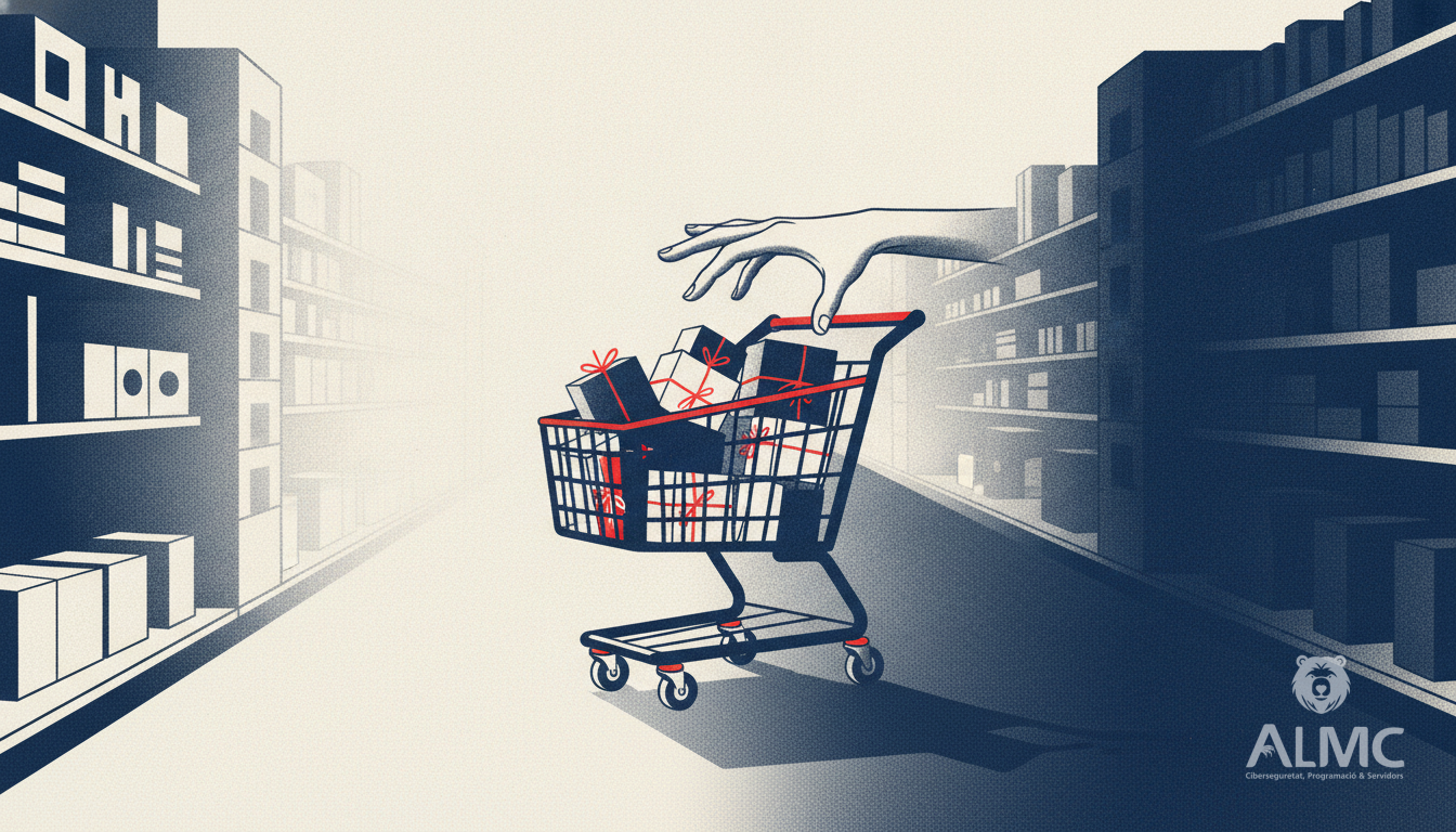 Carrito de la compra con paquetes ante dos caminos: la IA como asistente y el control del comprador