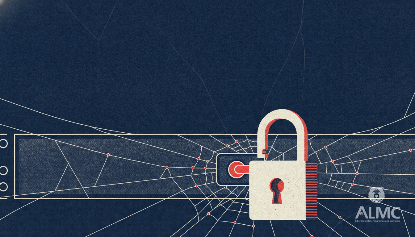 Servidor con candado abierto y telaraña digital, simbolizando vulnerabilidad
