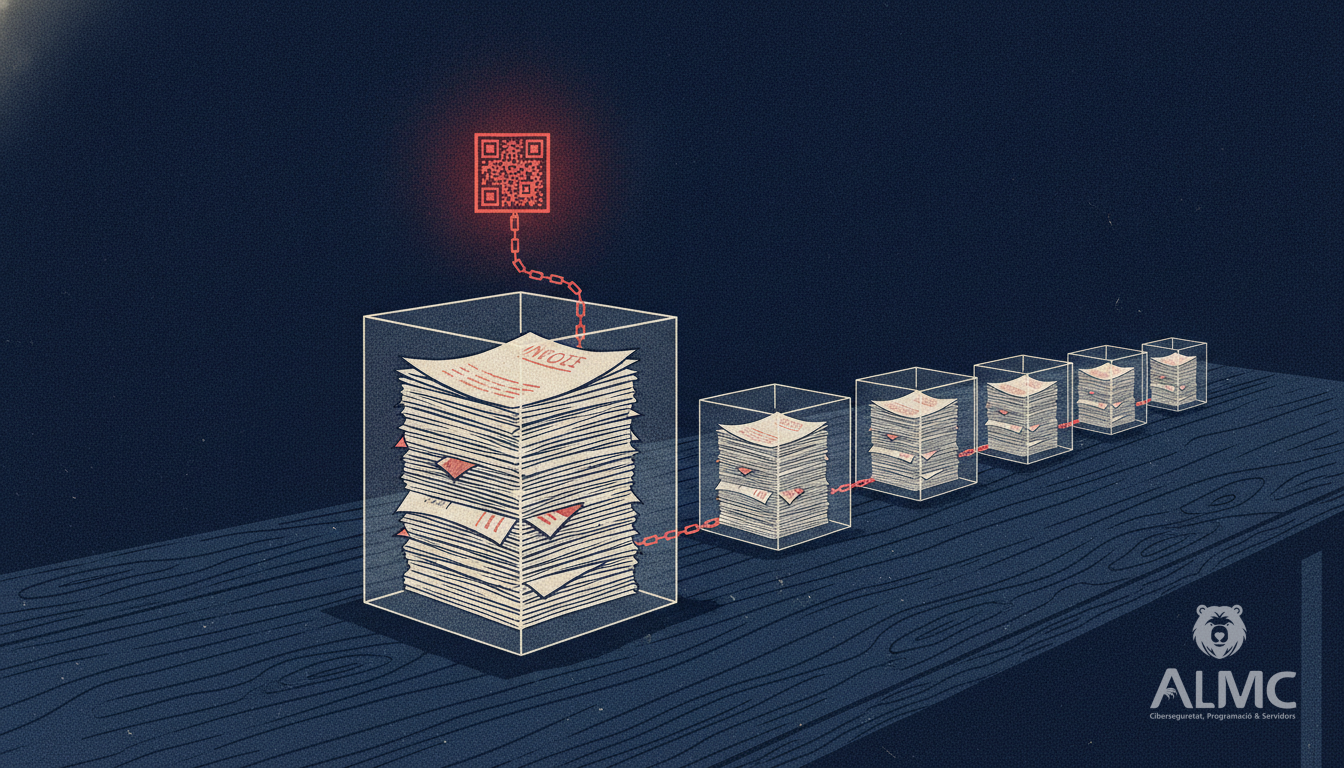 Invoices sealed inside a glass block with a QR code, illustrating VeriFactu inalterable invoicing records