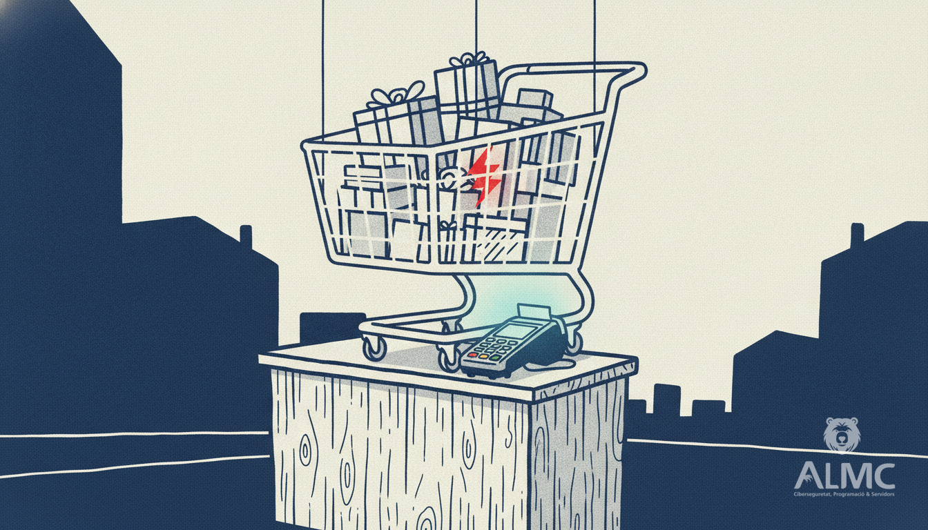Tienda online con pago digital y carrito de la compra flotante sobre un mostrador