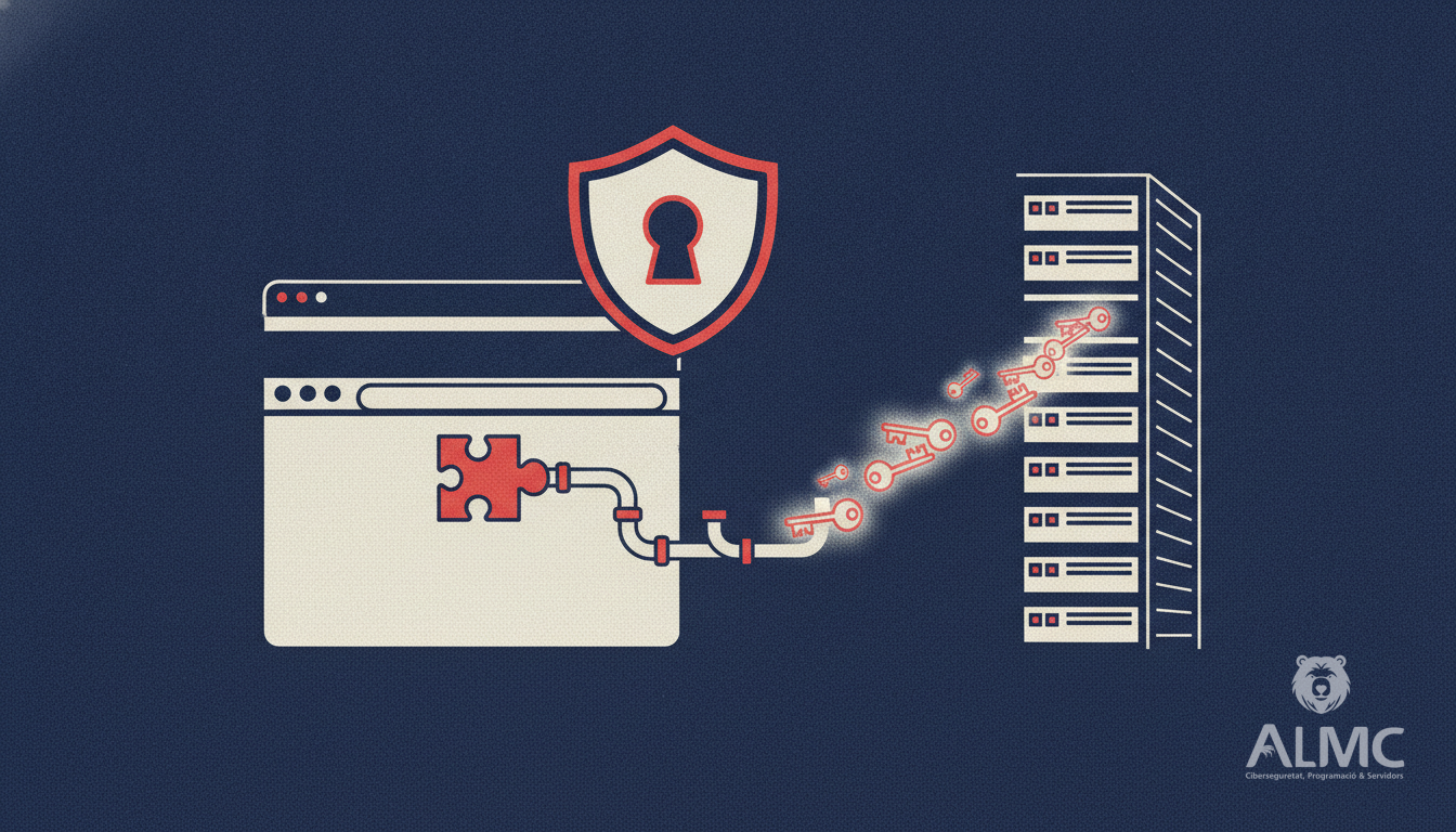 A browser extension leaking key-shaped authentication tokens towards a remote server, with a shield lock protecting the browser