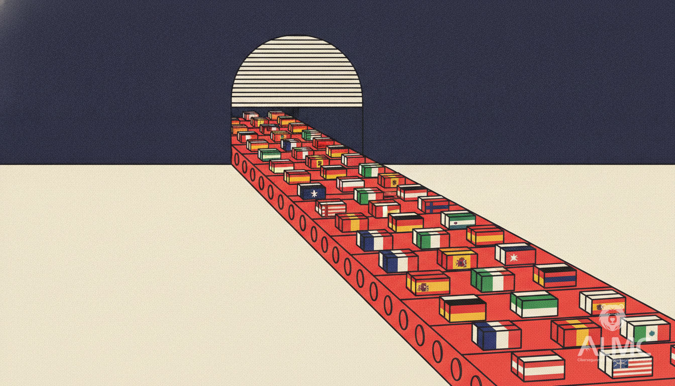 Shop shutter opening onto a conveyor of parcels bound for European markets