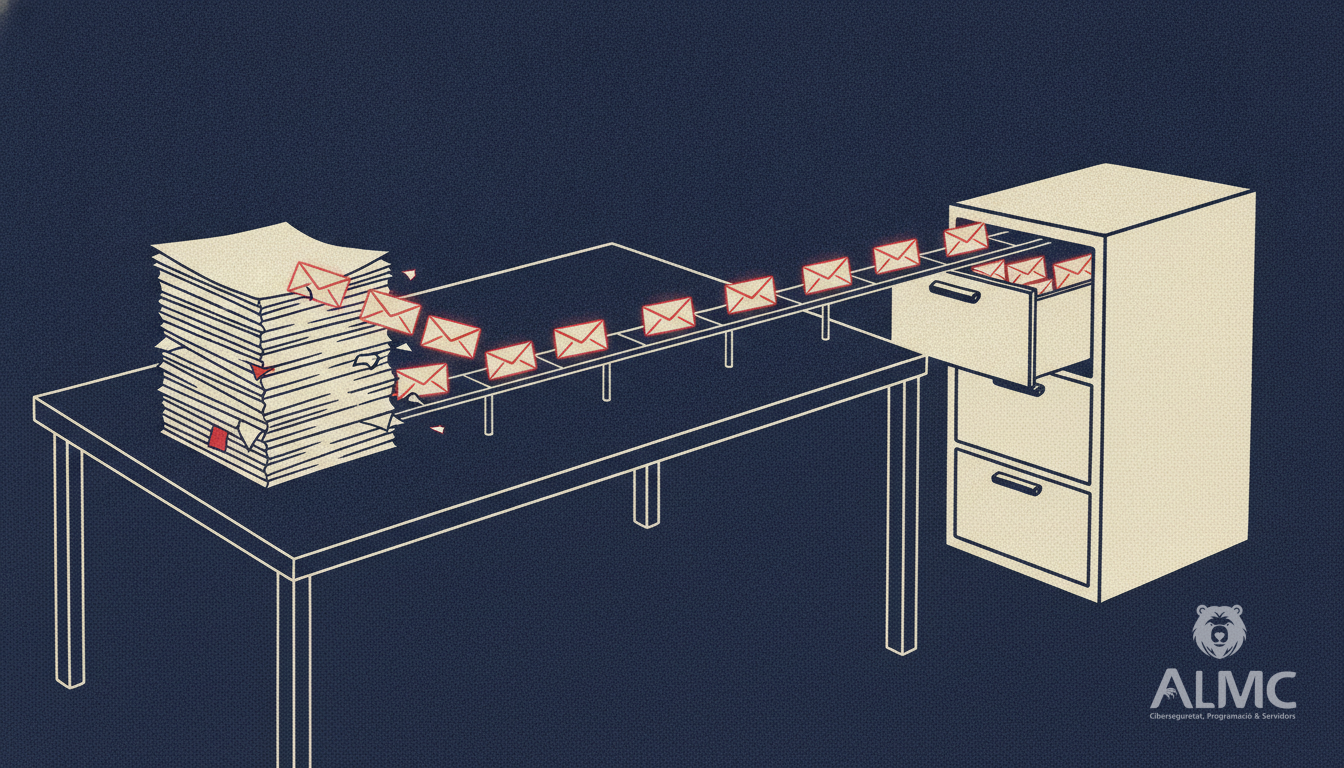 Paper contracts turning into an automated flow of signed documents moving into a filing cabinet