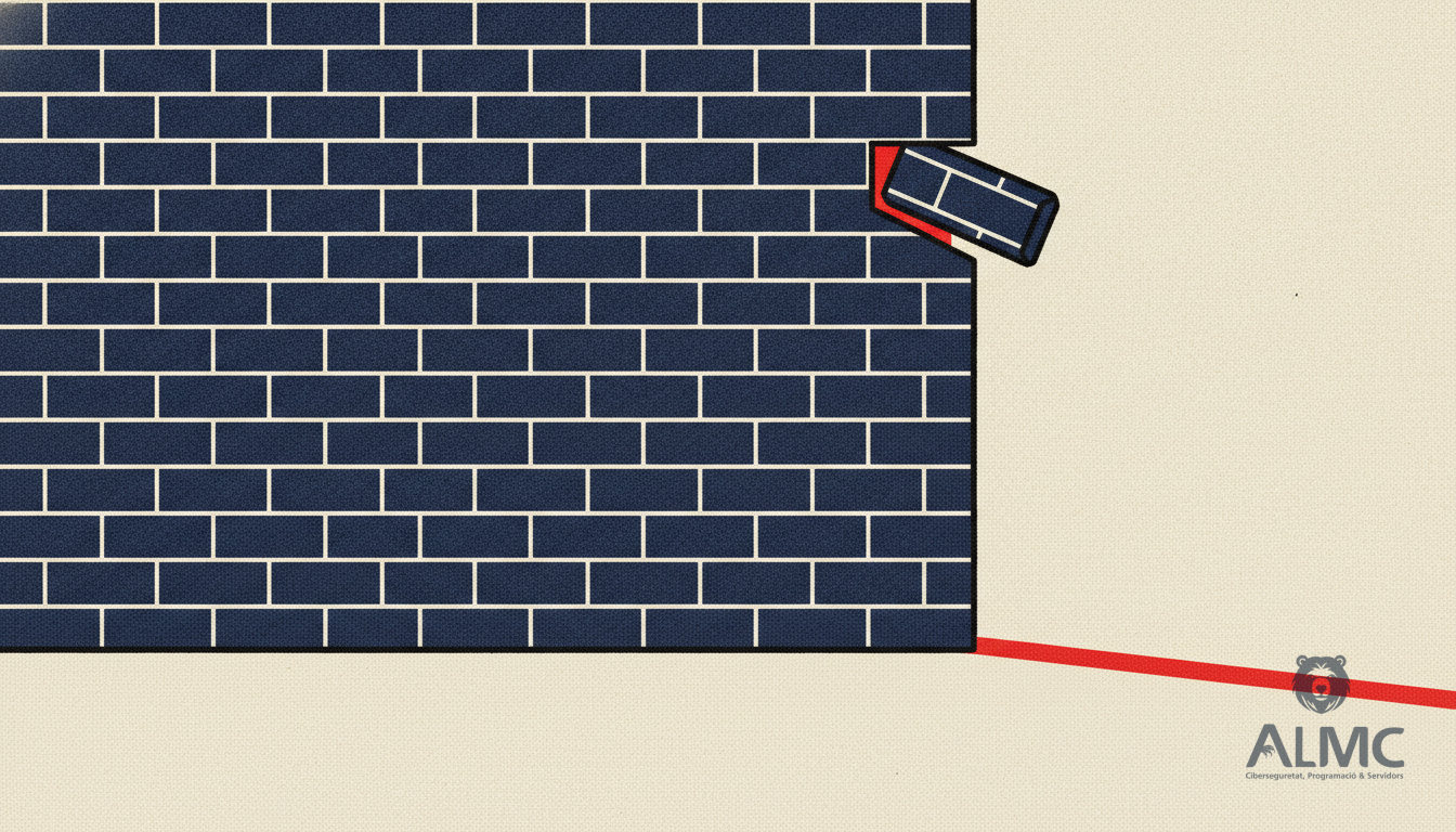 Metáfora visual de una brecha de seguridad en un muro de ladrillos aparentemente sólido