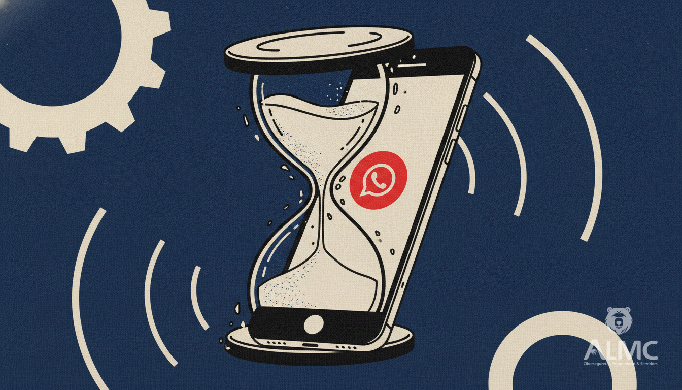 Un reloj de arena que se transforma en un móvil con una notificación de WhatsApp.