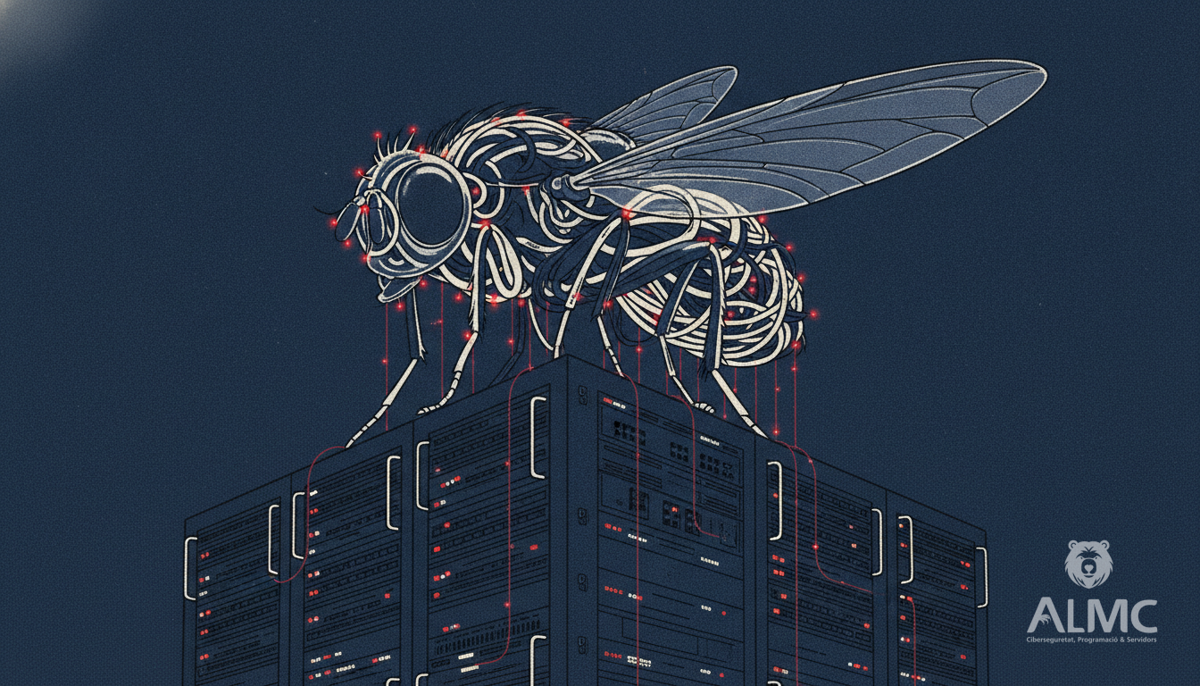 Metáfora visual de un conectoma: una mosca de cristal con conexiones luminosas sobre servidores, inspiración para la ciberseguridad