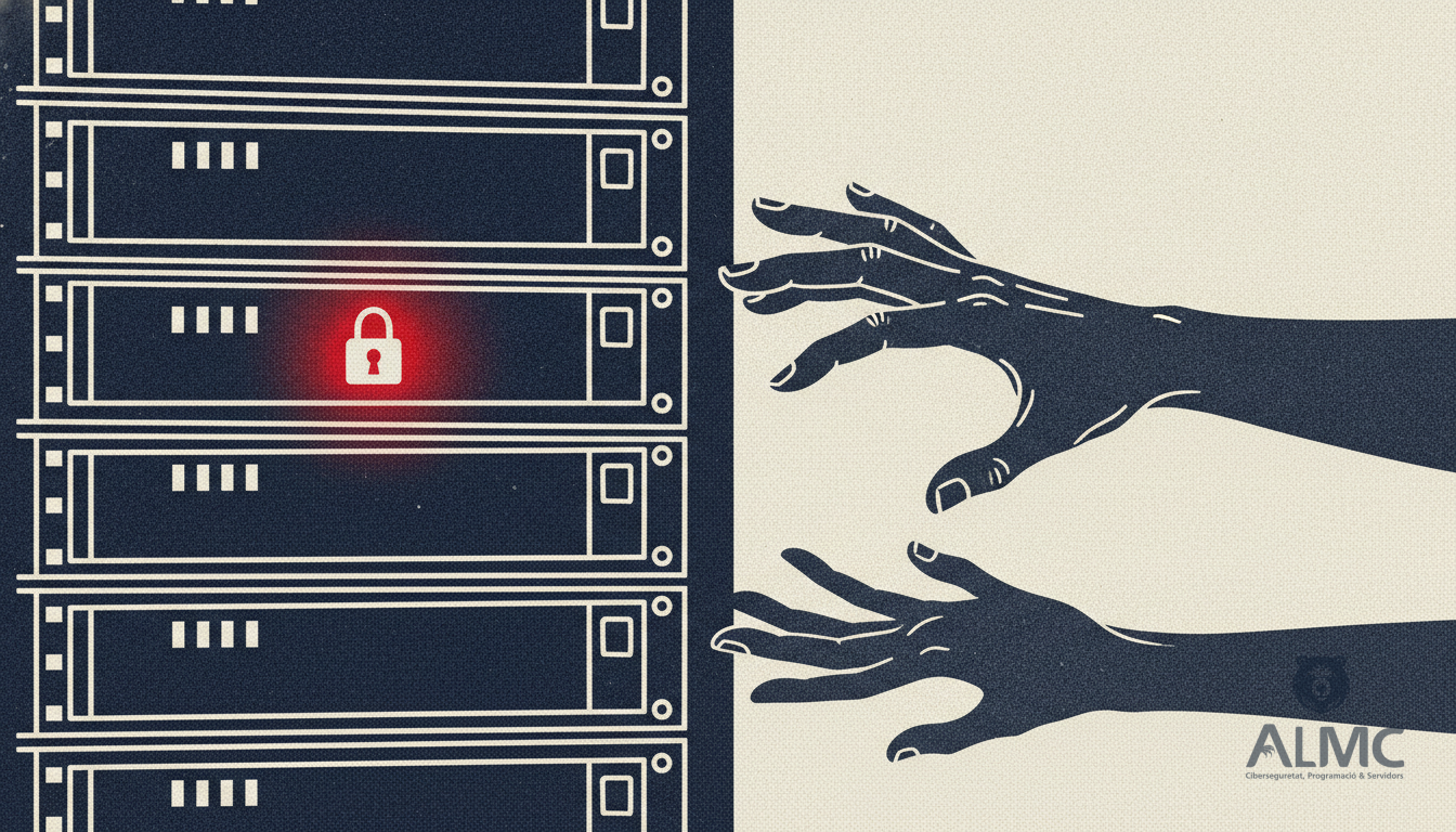 Server rack with a glowing lock icon and a reaching shadowy hand