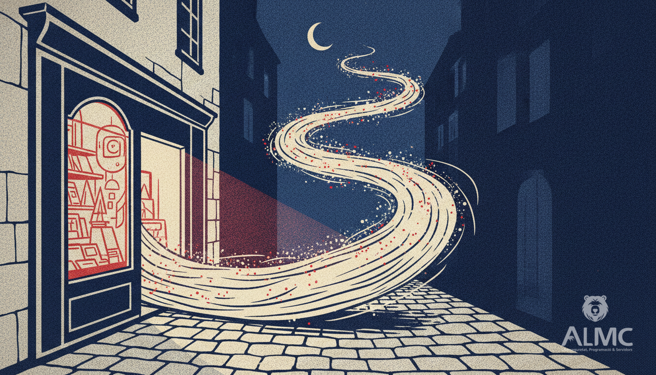 Glowing shop window in a narrow street with a stream of light flowing from the pavement into the shop