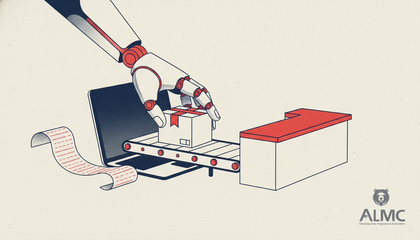 A robotic hand placing a parcel on a conveyor emerging from a laptop, representing automated online shopping
