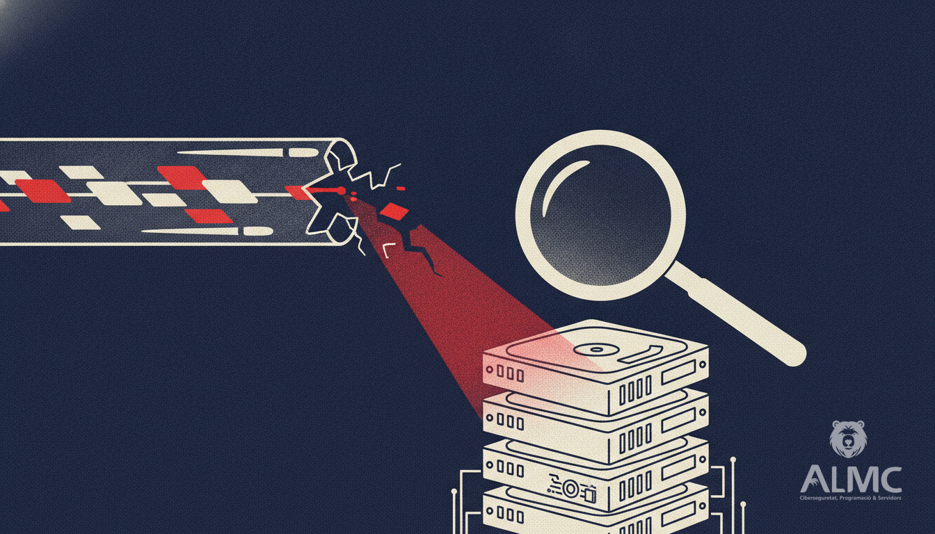 Cracked data pipe leaking fragments onto server disks, illustrating a shared-fragment marker flaw in the Linux kernel