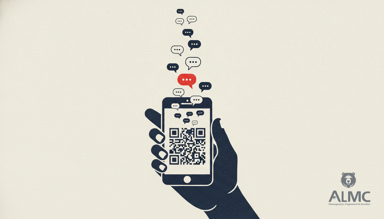 Un móvil con un código QR cuyos cuadrados se desprenden y se convierten en bocadillos de conversación.