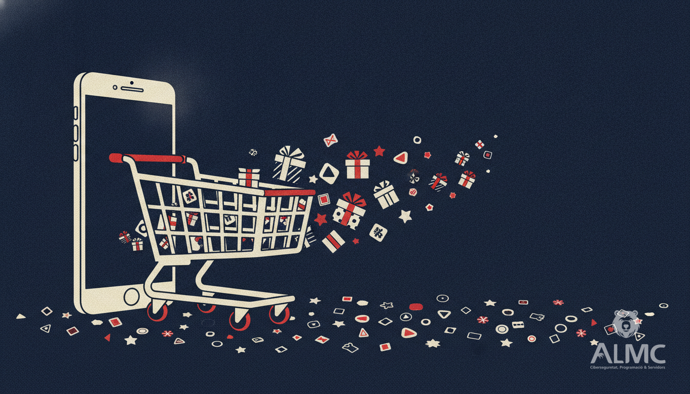 Carrito de compra saliendo de una pantalla de móvil hacia una red de aplicaciones para vender online