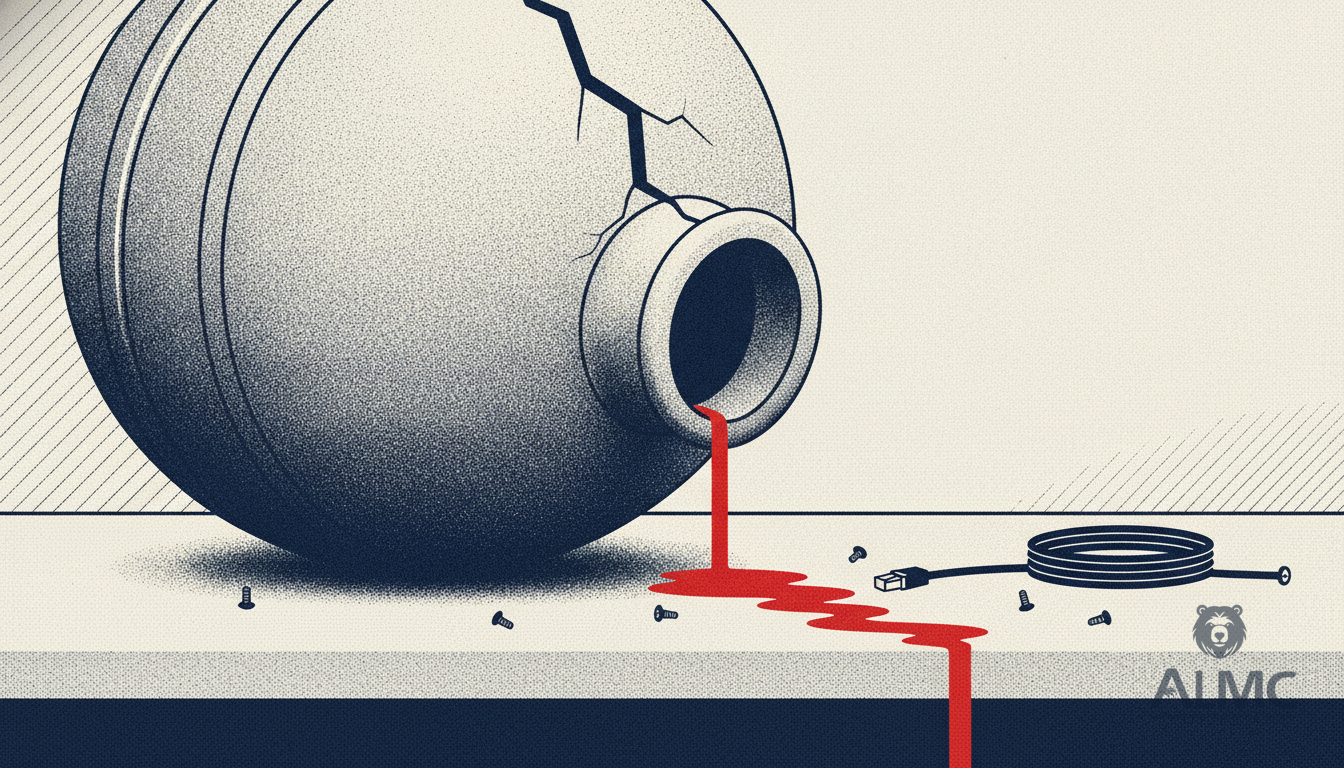 Cracked jug leaking water beside server screws and a network cable, symbolising a memory corruption flaw in PHP
